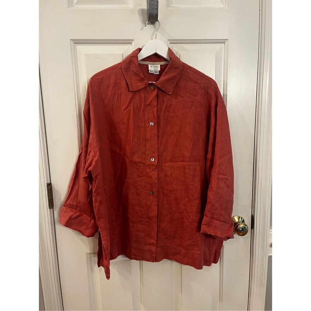 go lightly Alexandra Coral Rust Linen 3/4 Sleeve Lagenlook Button Up Shirt O/S E
